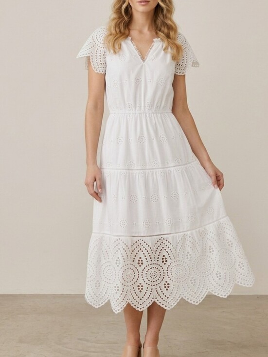 cleo Dresses & Skirts - White Eyelet 100% Cotton Midi Dress Flutter Sleeve Size Small Fits Medium